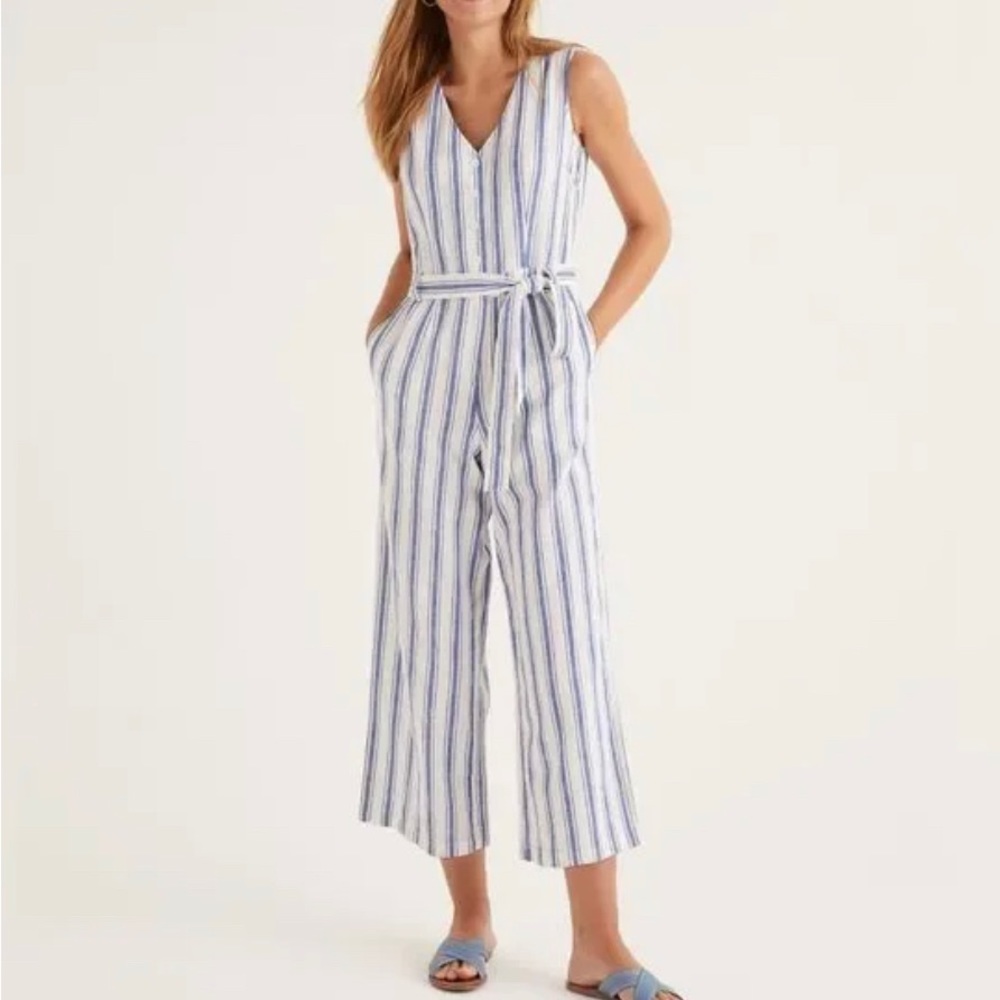 Boden Verity Linen Striped Wide Leg Jumpsuit Cobalt White